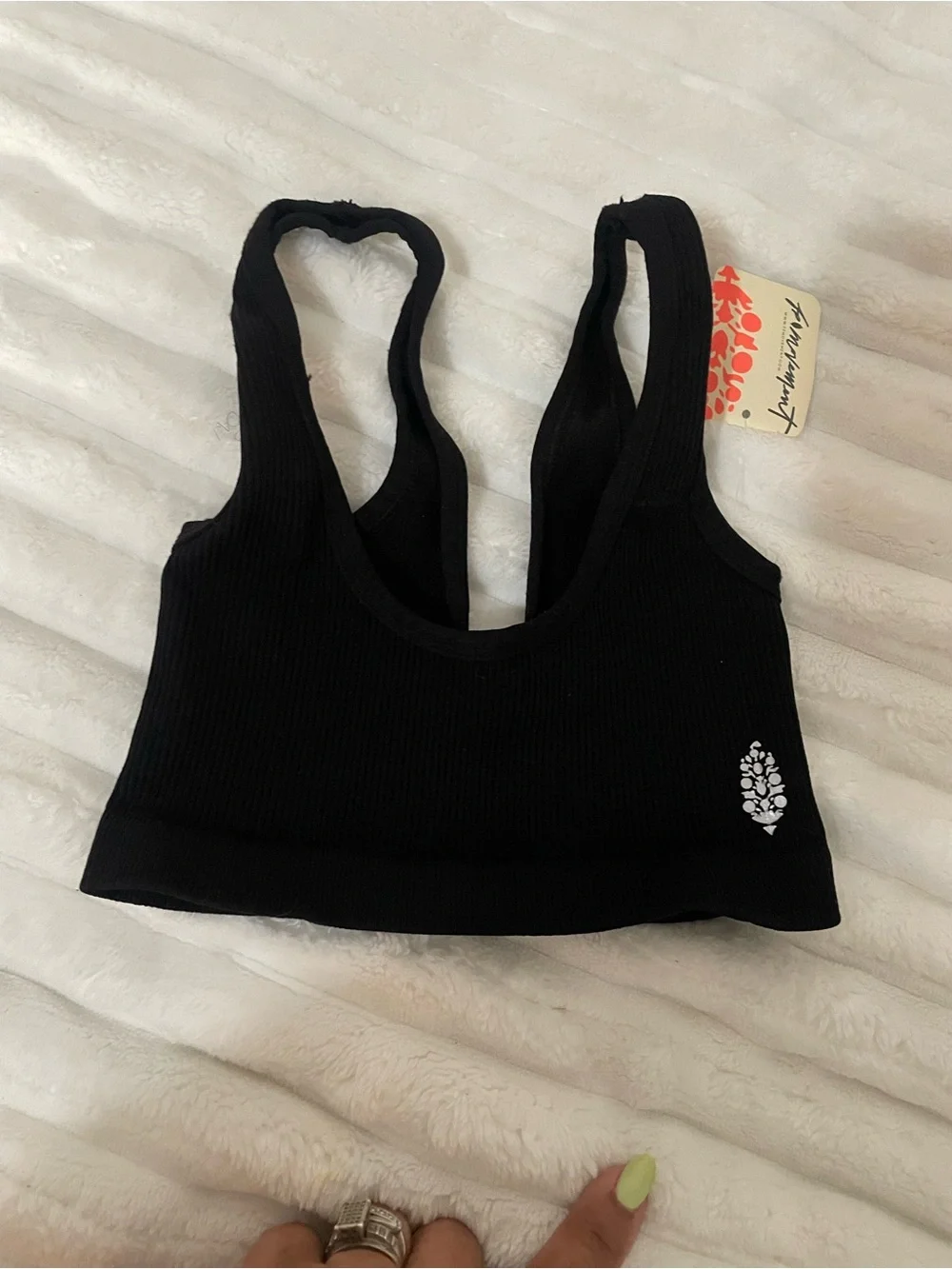 Free People Black Ribbed Seamless Sports Bra with White Logo